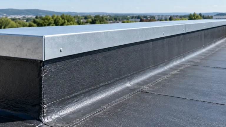 Acrotère de toit-terrasse protégé par une membrane et une couvertine métallique