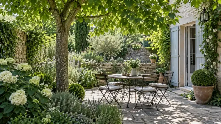 Petit jardin ombragé par un arbre feuillu bien proportionné
