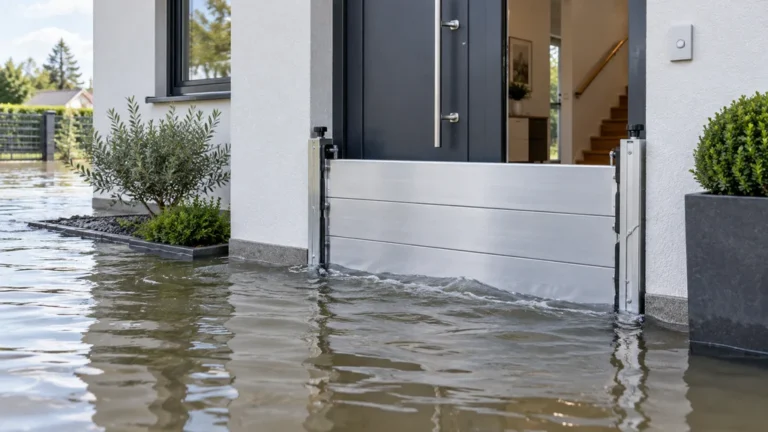 Batardeau pour maison installé devant une porte d’entrée pour bloquer l’eau lors d’une inondation