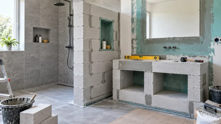 Cloison et meuble en béton cellulaire dans une salle de bain en cours de rénovation