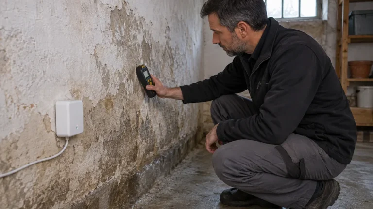 Petit boîtier anti-humidité près d’un mur ancien contrôlé par un technicien