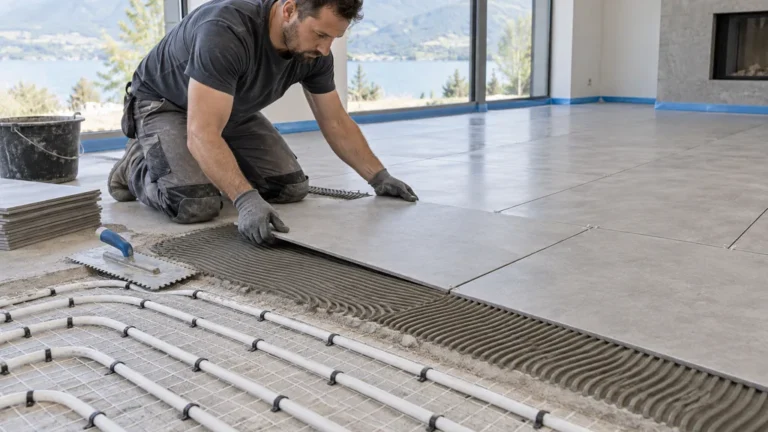 Pose de grands carreaux sur un plancher chauffant avec colle adaptée