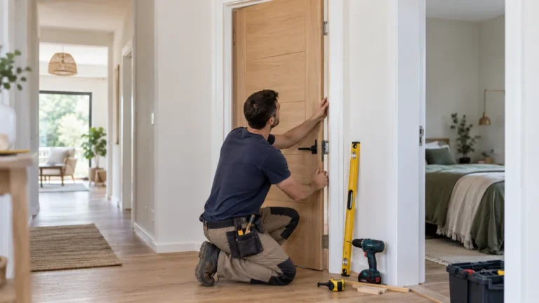 Pose d’une nouvelle porte intérieure sur un cadre existant dans une maison en rénovation