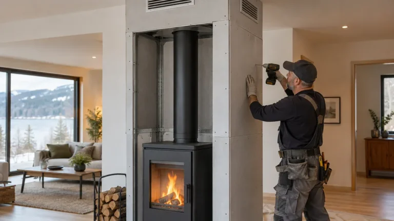 Coffrage ventilé en plaques résistantes au feu autour d’un conduit de poêle