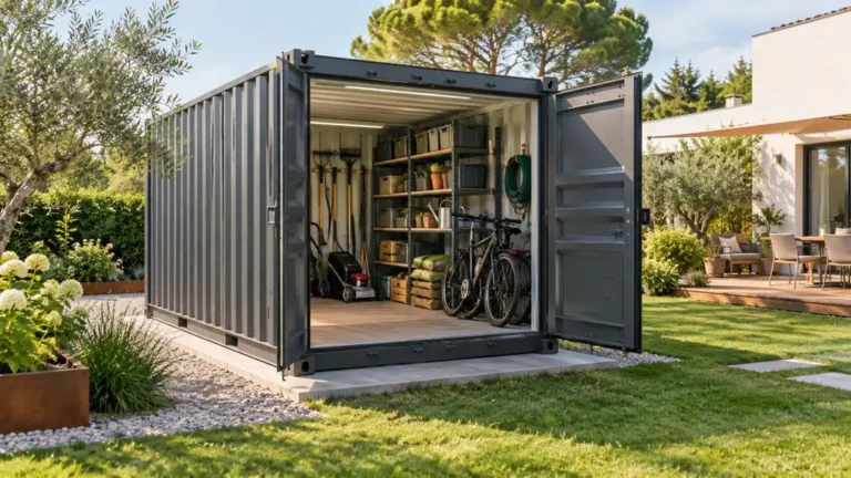 Conteneur abri de jardin aménagé pour ranger outils, vélos et matériel extérieur