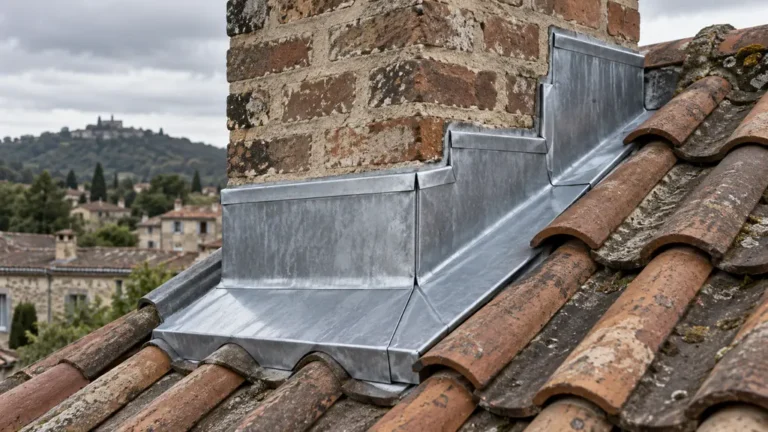 Contre-solin en zinc autour d’une cheminée sur une toiture en tuiles
