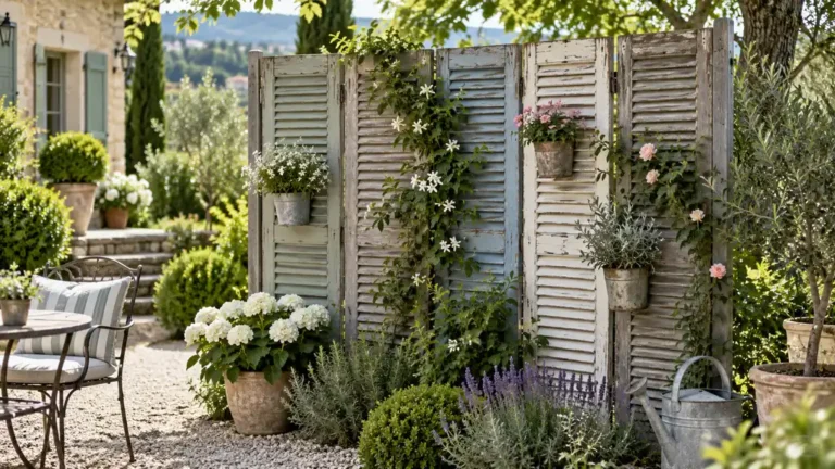 Déco jardin avec vieux volets transformés en brise-vue fleuri avec plantes grimpantes
