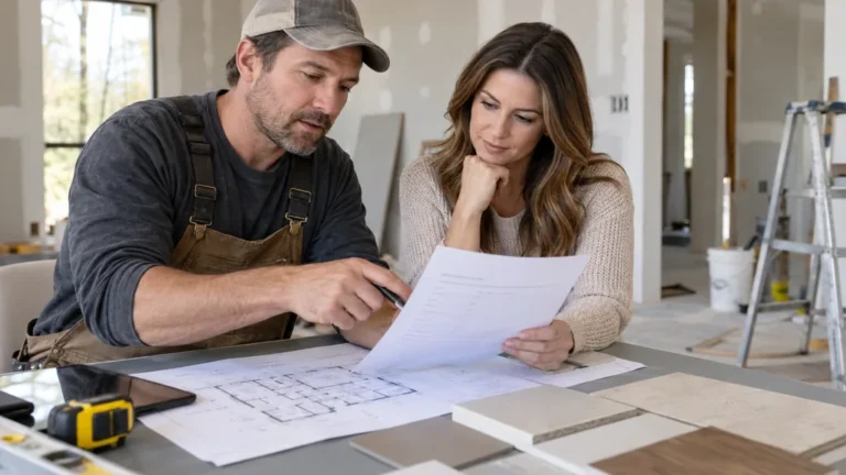Propriétaire et plaquiste comparant un devis avec des plans et échantillons