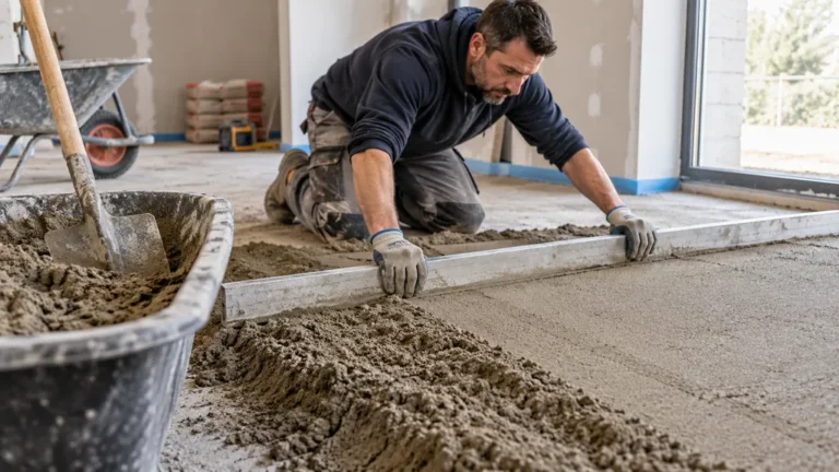 Maçon nivelant une chape maigre à base de sable et de ciment dans une pièce en rénovation