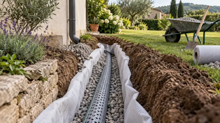 Drain perforé posé dans une tranchée de jardin avec gravier et géotextile