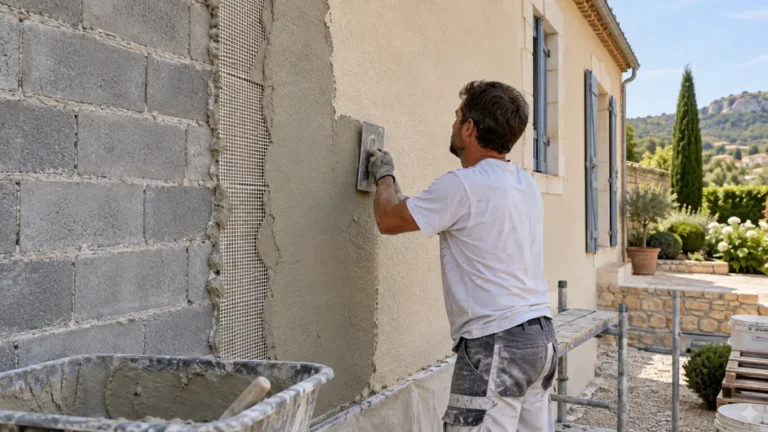 Façadier appliquant un enduit sur un mur en parpaings