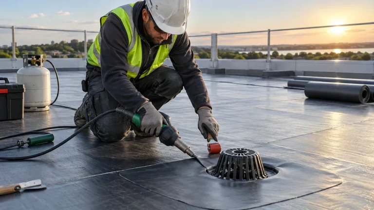 Couvreur réalisant les relevés d’étanchéité d’un toit-terrasse