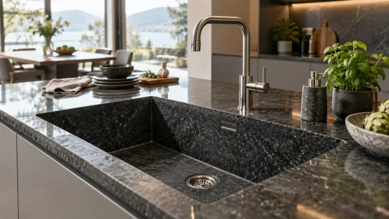 Évier en pierre naturelle en granit dans une cuisine moderne et lumineuse