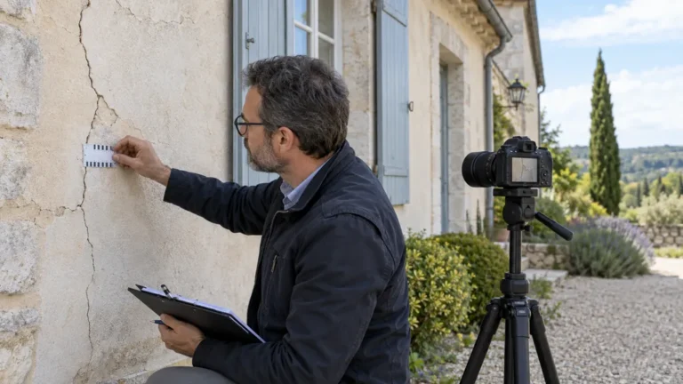 Expert du bâtiment documentant une fissure de façade avec un témoin