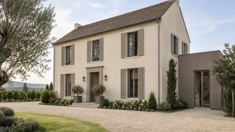 Maison contemporaine avec façade beige clair et accents taupe
