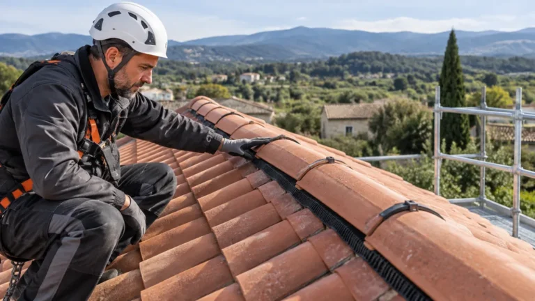 Couvreur contrôlant une faîtière ventilée sur un toit en tuiles