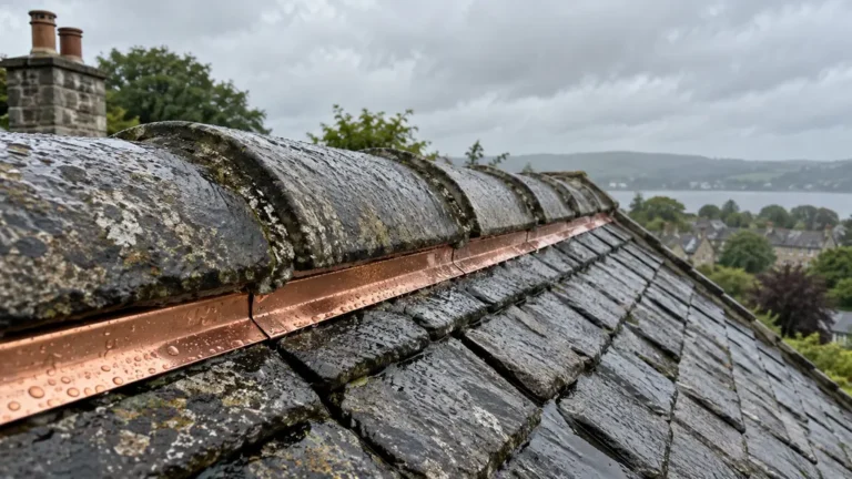 Bande de cuivre installée proprement près du faîtage d’un toit