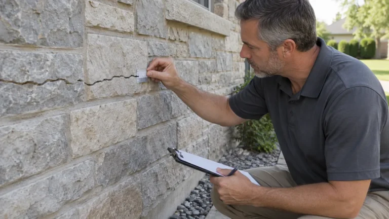 Expert mesurant une fissure horizontale sur la façade d’une maison