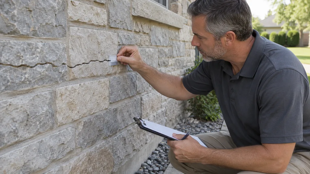 Expert mesurant une fissure horizontale sur la façade d’une maison