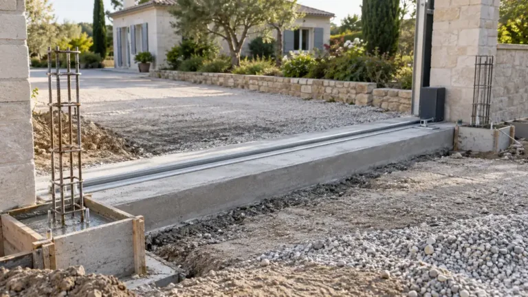 Seuil en béton armé préparé pour un portail coulissant