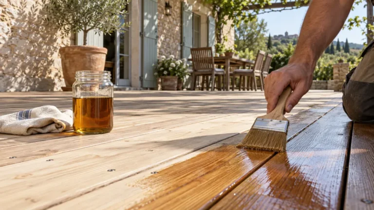 Application d’une huile ambrée sur des lames de terrasse en bois