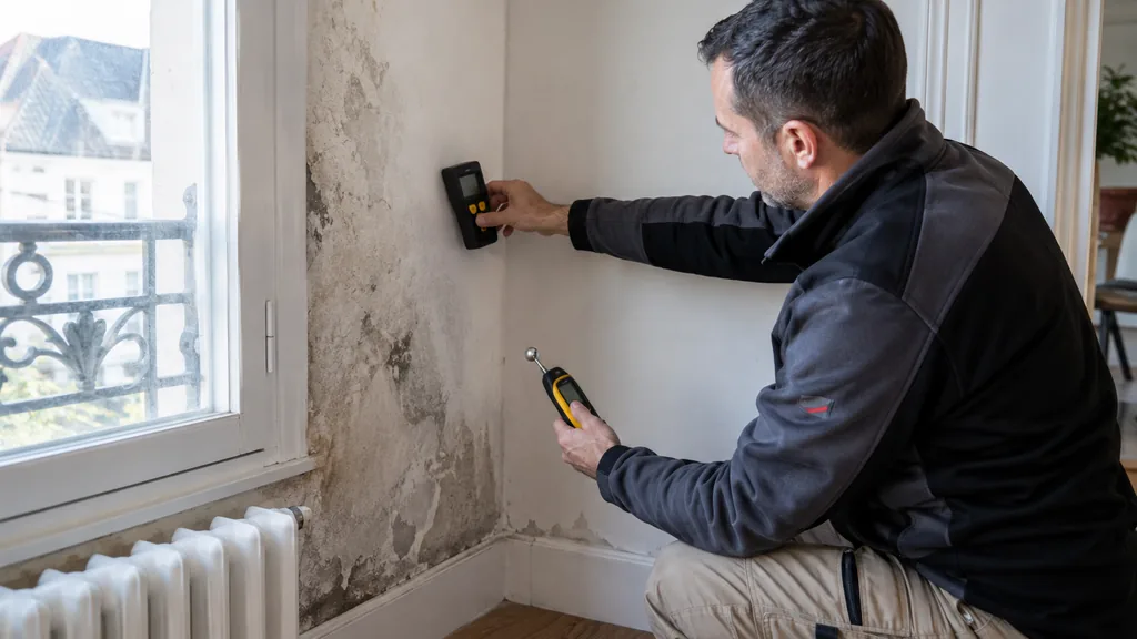 Technicien mesurant une zone humide près d’une fenêtre sur un mur intérieur