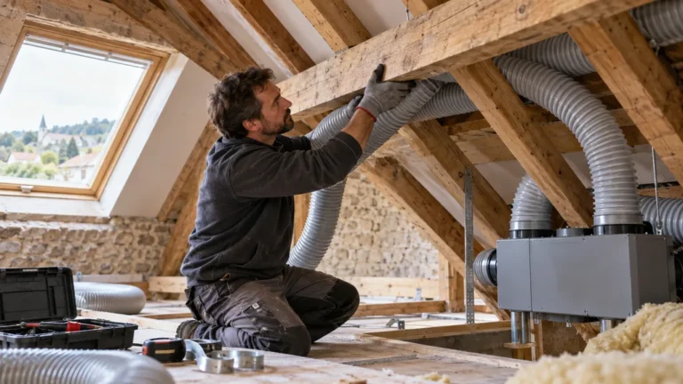 Pose de gaines de ventilation dans la charpente d’une maison ancienne