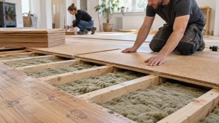Pose d’un isolant phonique entre les solives d’un plancher bois avec sous-couche acoustique