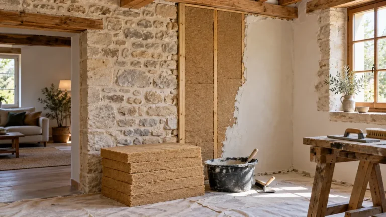 Mur ancien en pierre en cours d’isolation avec des panneaux en fibre de bois