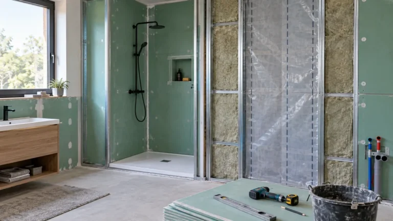 Salle de bain en rénovation avec isolant et membrane de gestion de la vapeur