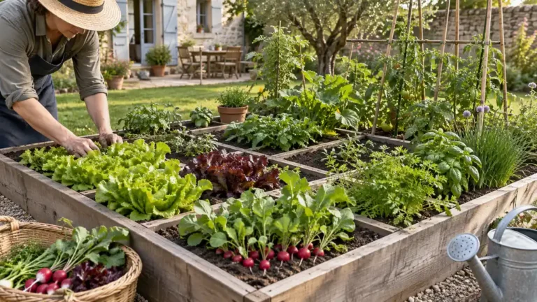 Carré potager diversifié avec salades radis aromatiques et tomates