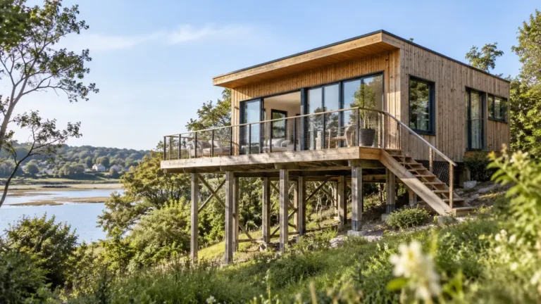 Famille visitant une maison neuve moderne en Île-de-France