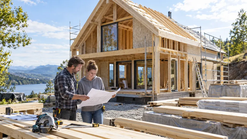 Couple en autoconstruction devant une maison en kit à ossature bois en cours de montage