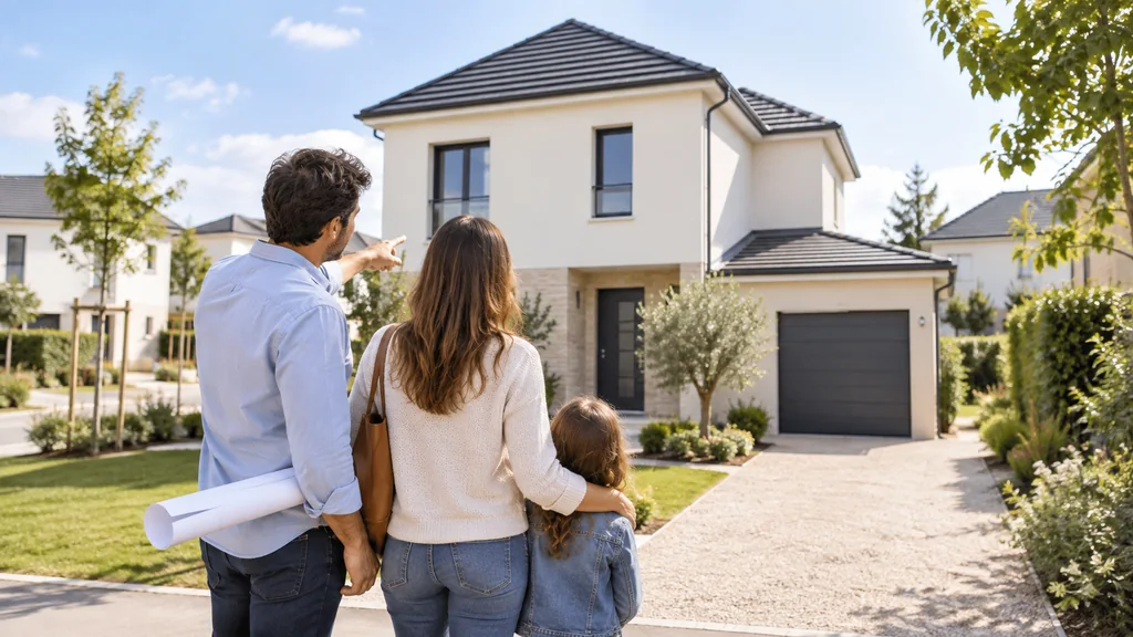 Famille visitant une maison neuve moderne en Île-de-France