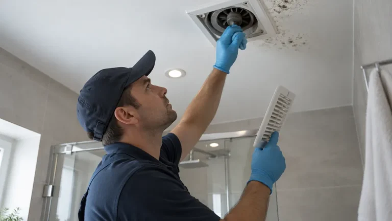 Technicien contrôlant une bouche de VMC près de petites traces au plafond