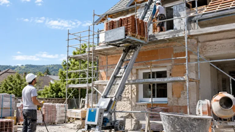 Monte-charge de chantier transportant des tuiles vers un échafaudage lors d’une rénovation de toiture