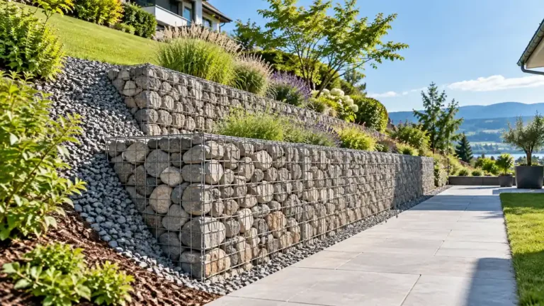 Mur en gabion de soutènement en gradins retenant un terrain en pente aménagé