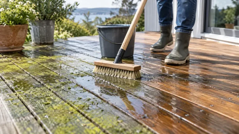 Brossage doux d’une terrasse en bois couverte d’algues