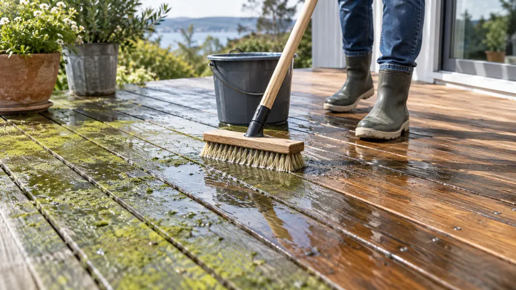 Brossage doux d’une terrasse en bois couverte d’algues