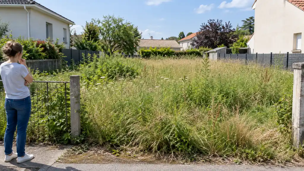 Terrain non entretenu envahi par les herbes hautes au milieu d'une zone résidentielle