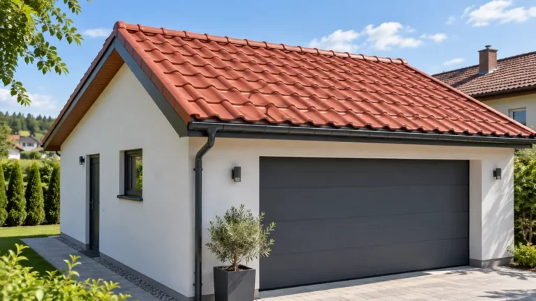Panneau sandwich toiture imitation tuile installé sur le toit d’un garage moderne