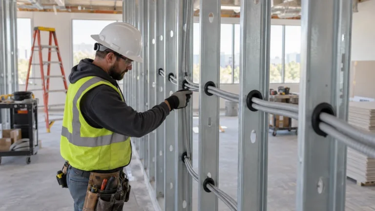 Gaine électrique protégée traversant les montants d’une cloison en plaques de plâtre