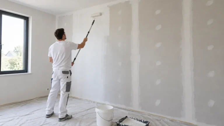 Peintre appliquant une sous-couche sur un mur neuf en plaques de plâtre