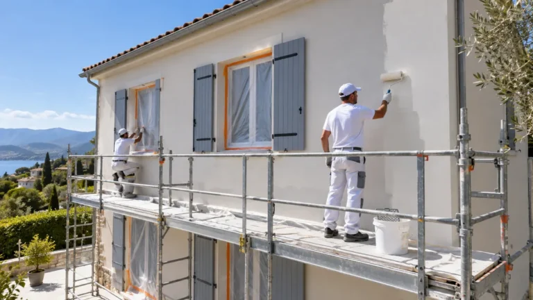 Façadier appliquant une peinture sur un enduit extérieur préparé