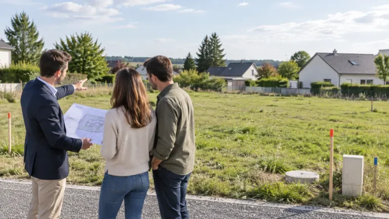 Couple visitant un terrain constructible avec un professionnel avant de construire plusieurs années plus tard