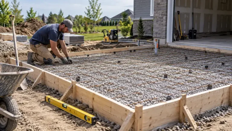 Préparation d'une dalle béton sur terre avec gravier compacté et treillis soudé