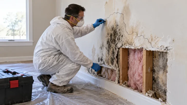 Technicien évaluant une plaque de plâtre moisie et humide