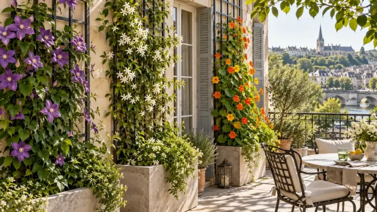 Clématites jasmin et capucines grimpant depuis de grandes jardinières