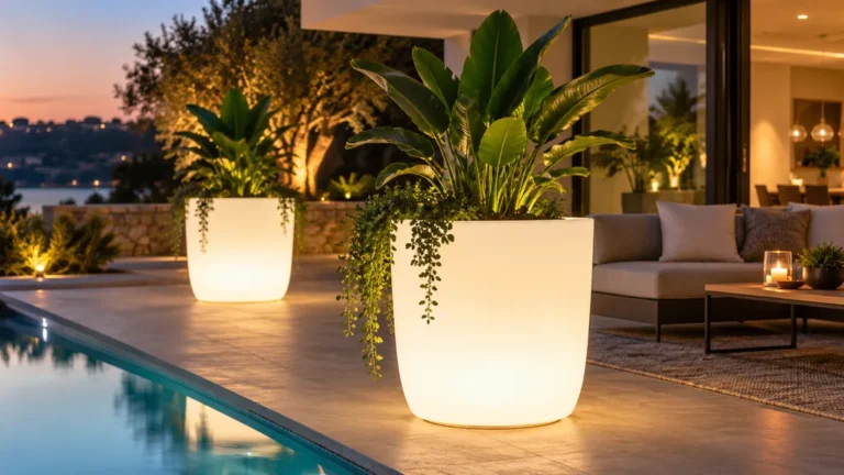 Pot lumineux extérieur avec plantes sur une terrasse moderne au bord d’une piscine