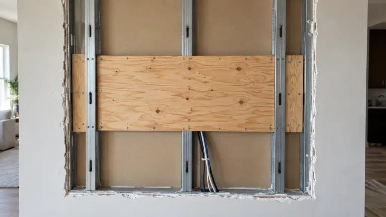 Renfort en bois fixé entre montants métalliques derrière une plaque de plâtre